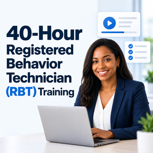 Advertisement for 40-Hour Registered Behavior Technician (RBT) Training with a woman using a laptop.