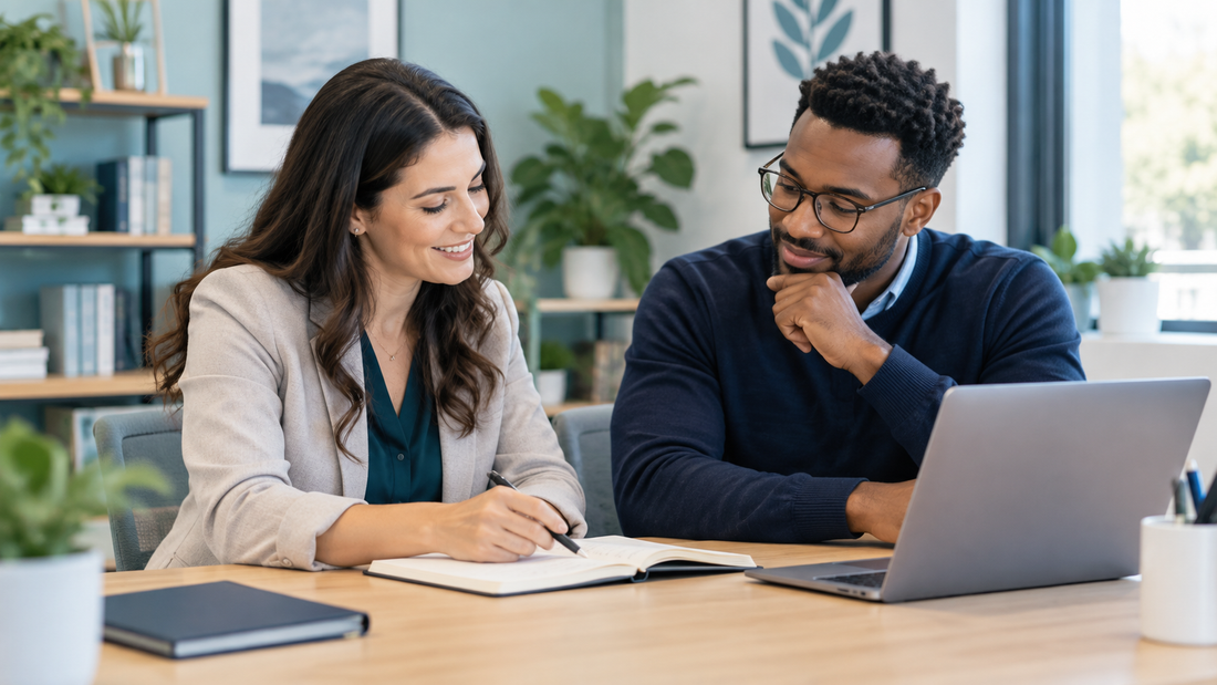 Two professionals reviewing a notebook together beside a laptop in a bright office.