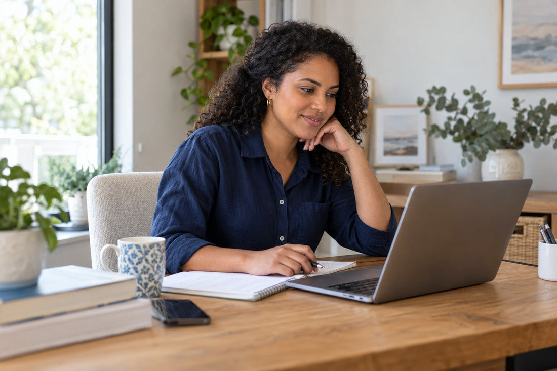 An adult studying online at a desk with a laptop and notebook.